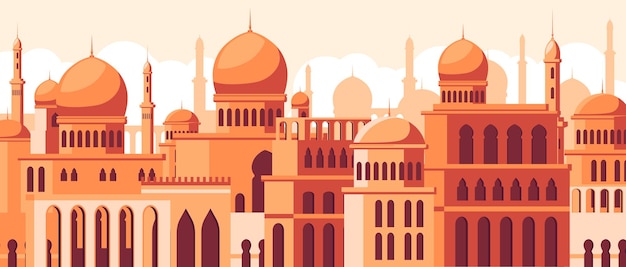 Vector arabian cityscape architecture cartoon buildings muslim antique mosque ancient traditional town arab house silhouettes historical authentic middle east religion urban vector illustration