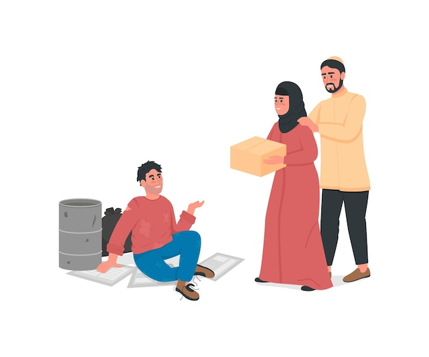 Arabian couple help homeless man flat color faceless character. Islam family give poor guy food. Social support isolated cartoon illustration