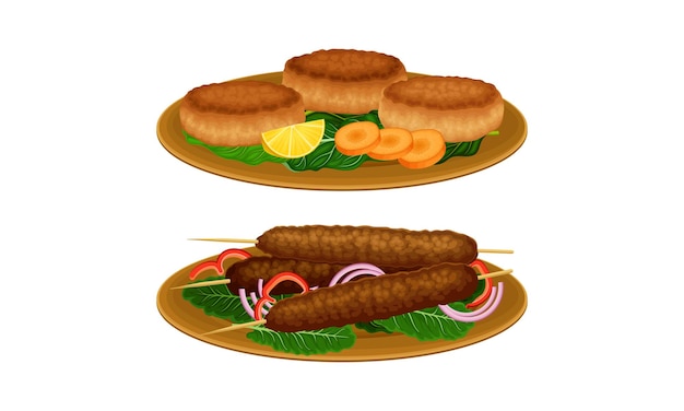 アラビア料理の料理セット ケバブとファラフェルのベクトルイラスト