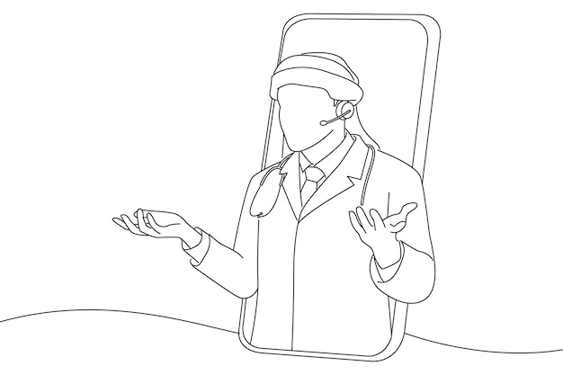 Arabian Doctor In Headset Peeking Out Of Big Smartphone Screen Outline drawing style art