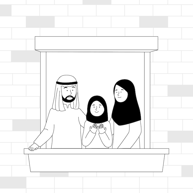 Arabian Family in Balcony Flat Outline Illustration