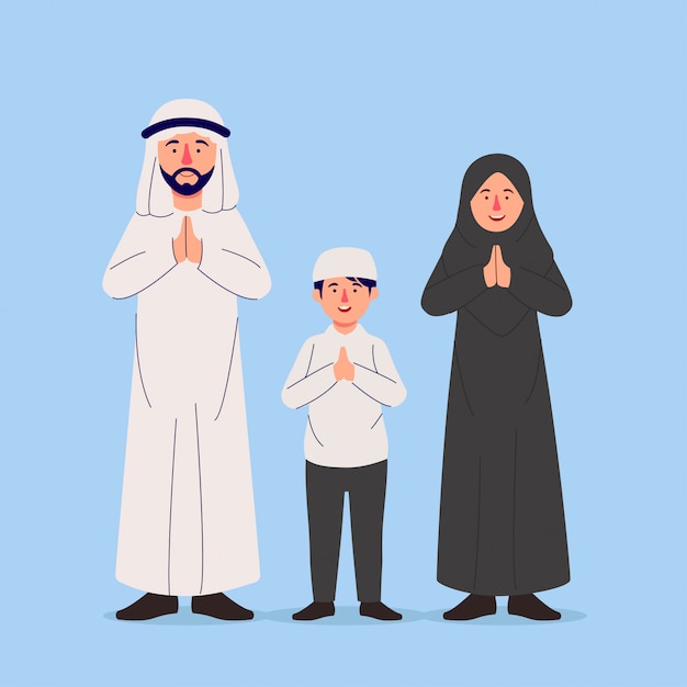 Arabian family gesturing praying hand greeting