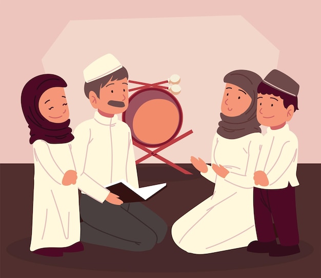 Famiglia araba che studia la cultura musulmana del corano