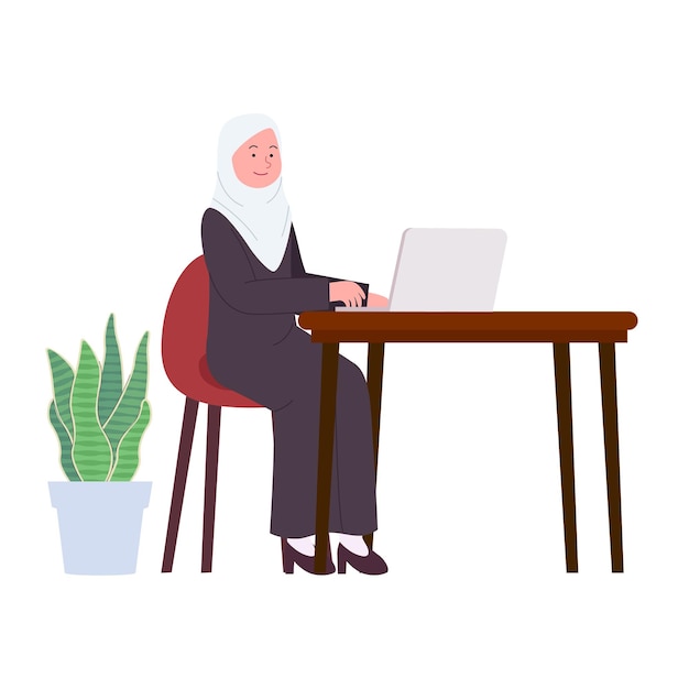 Arabian Hijab Women Office Lady Working on Laptop Flat Illustration