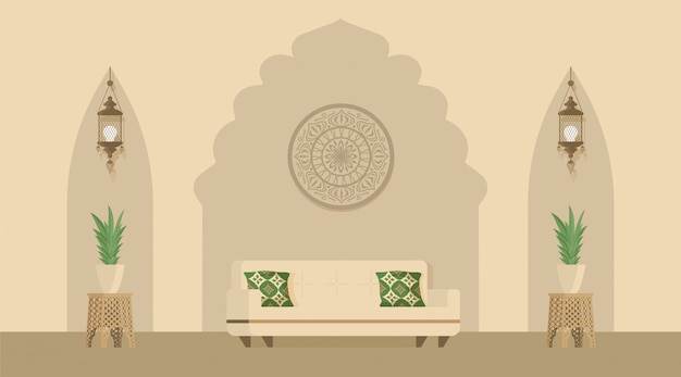 arabian or indian style designed living room decorated with arabic lanterns. oriental style of room decoration.
