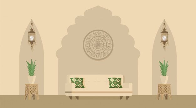 Vector arabian or indian style designed living room decorated with arabic lanterns. oriental style of room decoration.