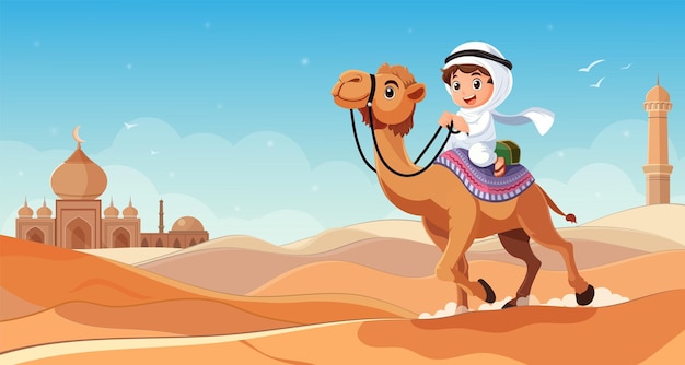 Arabian kid rider mounted brown camel travel around sahara desert decorated saddle boy upon wildlife animal with hump safari transportation vector illustration