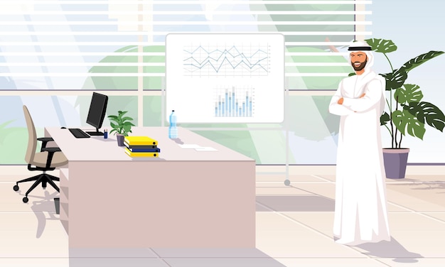 Vector arabian man in a white cloth stands in the office with his arms crossed over his chest the workplace is in the office room financial charts in a white board in the background vector illustration