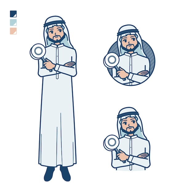 A arabian man in white costume with think about the answer images