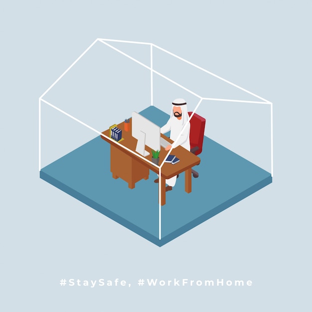 Arabian man works from home isometric