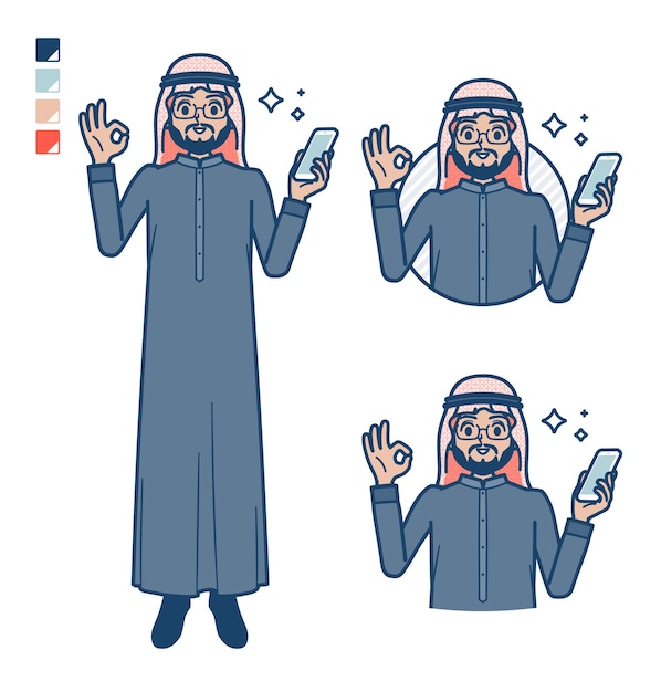 A arabian middle man in Black costume with Holding a smartphone and doing an OK sign images