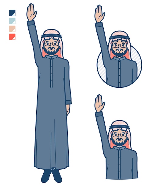 A arabian middle man in Black costume with raise hand images