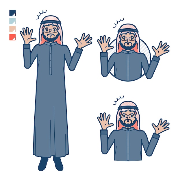 A arabian middle man in black costume with surprised images