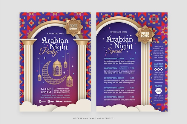 Arabian Night Restaurant Flyer-sjabloon in Vector met Arabisch tegelpatroon