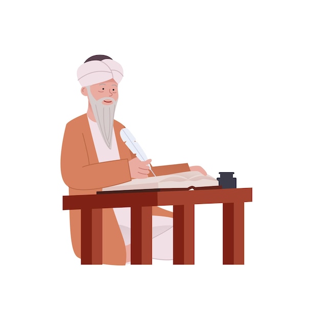 紙に書く伝統的な中東を身に着けているアラビアの老人