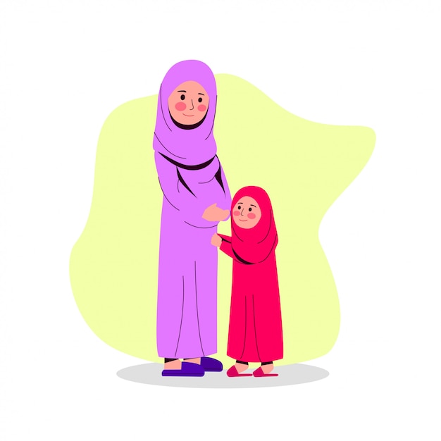 Arabian pregnant mother with her daughter flat vector illustration