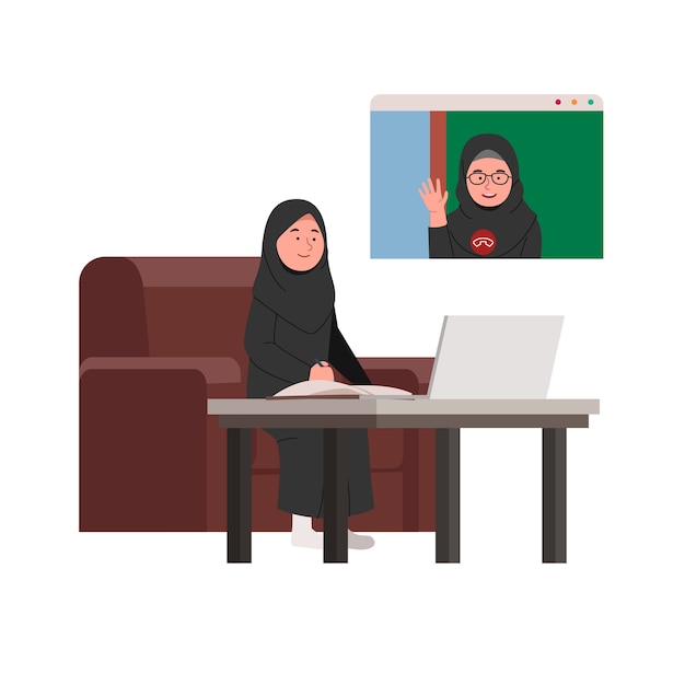 Vector arabian student online class study in home with teacher on video call