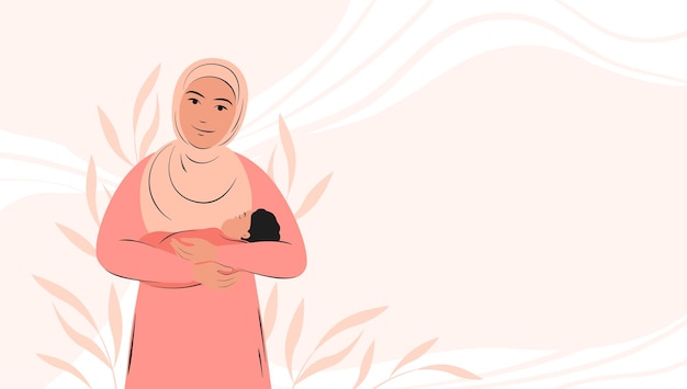 Arabian woman is holding newborn baby in traditional dress banner about pregnancy and motherhood