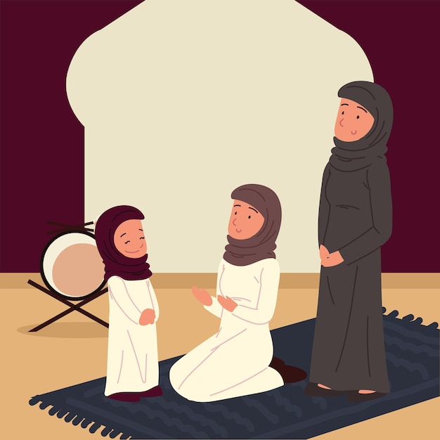 Vector arabian women in mosque on carpet