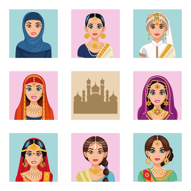 Vector arabic brides eight characters