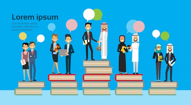 Arabic business group on different books stack bubbles chat successful arab business team financial success teamwork concept