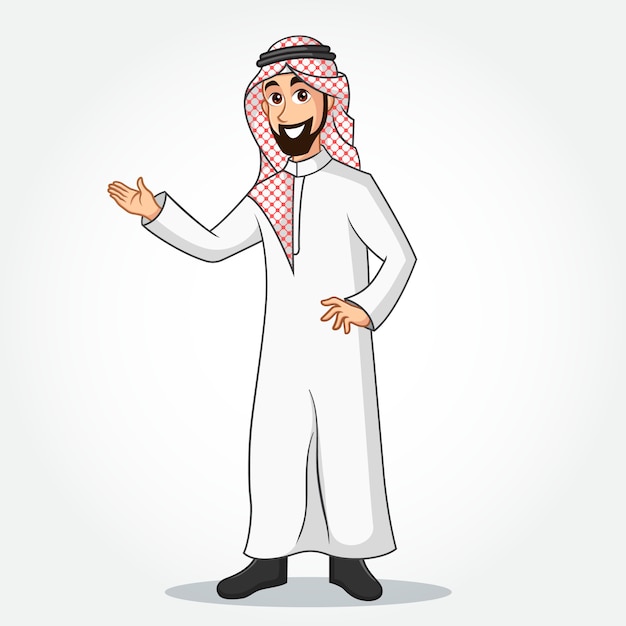 Arabic businessman cartoon character in traditional clothes with welcoming hands isolated