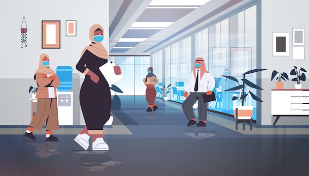 arabic businesspeople in protective masks keeping distance to prevent coronavirus pandemic arabic colleagues standing in office hallway  full length  illustration