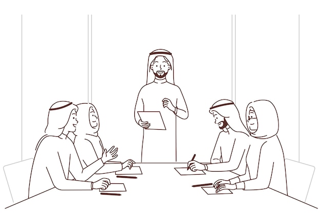 아랍 기업인 사무실에서 회의에 대해 이야기