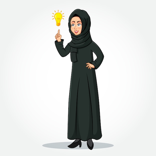 Arabic businesswoman cartoon character in traditional clothes pointing up to the bright idea bulb as a symbol of having an idea