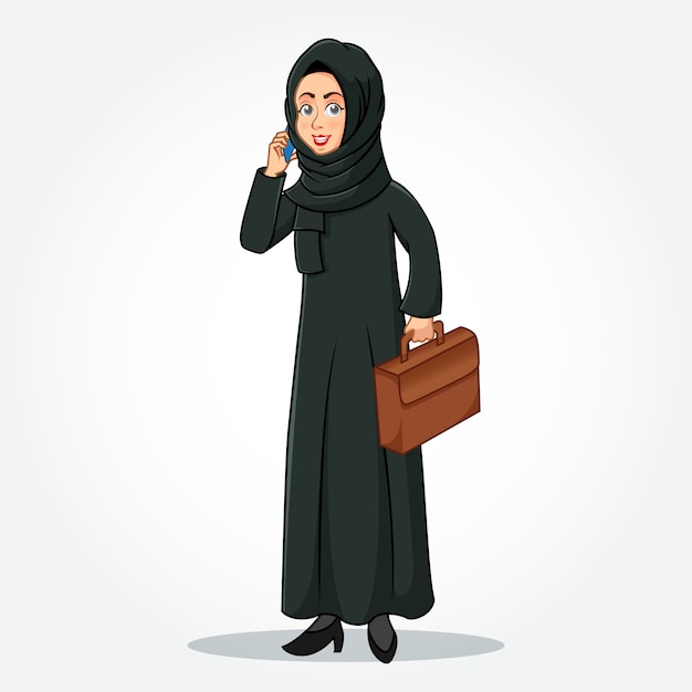 Arabic businesswoman cartoon character in traditional clothes speaking on smartphone and holding a briefcase isolated