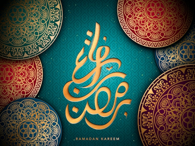 Vector arabic calligraphy design for ramadan, with islamic geometric patterns