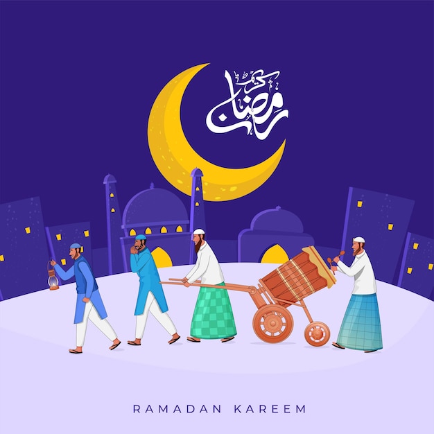 Arabic Calligraphy Of Ramadan Kareem With Crescent Moon Islamic Men Playing Tabuh Bedug Drum And Mosque Illustration Against Blue Background