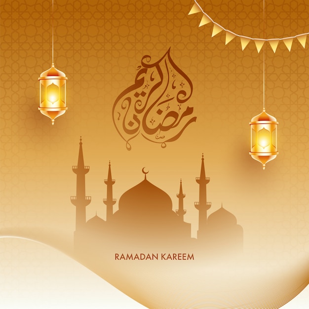 Arabic calligraphy of ramadan kareem with hanging illuminated lanterns and mosque