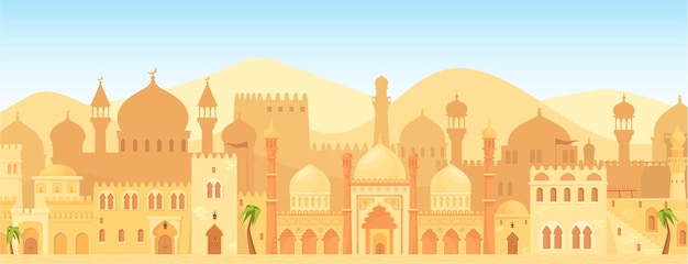 Vista della città araba vecchio castello islamico paesaggio urbano panorama città musulmana oman marocco marrakech città saudite sfondo antica moschea case sagoma ordinata vettore illustrazione della vecchia città islamica