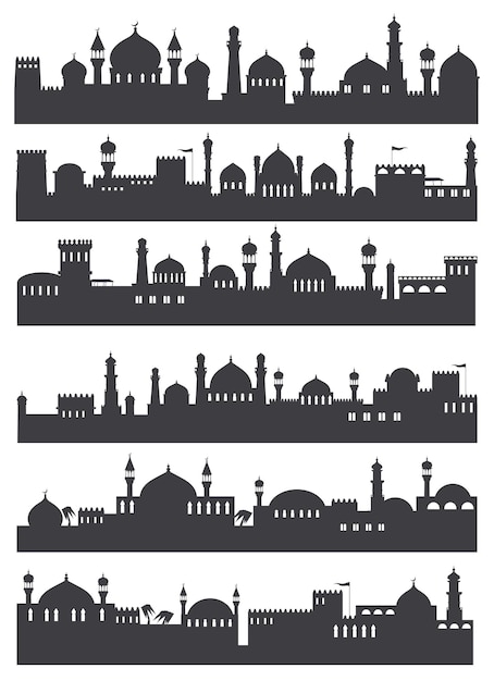 Vettore sagome di paesaggio urbano arabo architettura araba tradizionale skyline ramadan moschea islamica costruzione sagoma arabesco musulmano antico minareto illustrazione vettoriale paesaggio urbano architettura araba