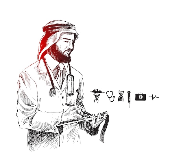 Medico arabo con icona medica, sfondo vettoriale schizzo disegnato a mano.