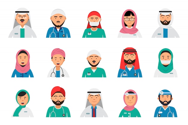 Avatar di medici arabi. il dentista cura le professioni sanitarie del personale ospedaliero musulmano arabo femminile e islamico