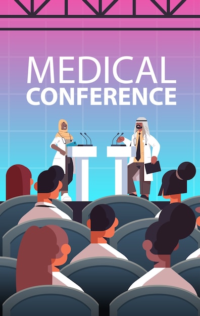 Vettore coppia di medici arabi che dà discorso alla tribuna con microfono conferenza medica riunione medicina concetto sanitario illustrazione vettoriale verticale interna aula