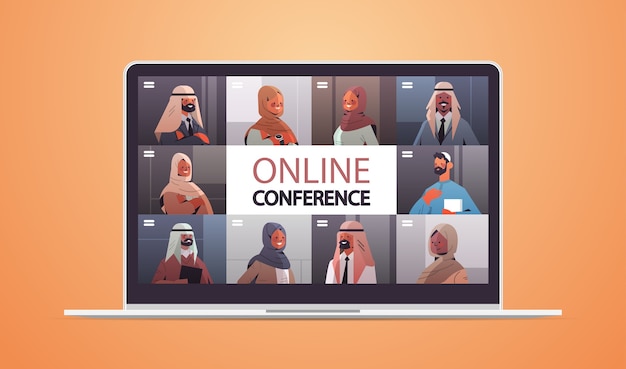 Medici arabi sullo schermo del laptop con video conferenza medica medicina sanità concetto di comunicazione online illustrazione ritratto orizzontale