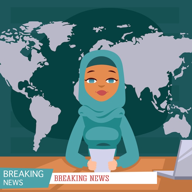 Arabic female news anchor on tv breaking news background, flat illustration. 