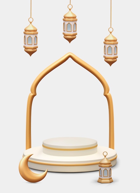 Arabic figured golden arch hanging lanterns crescent moon