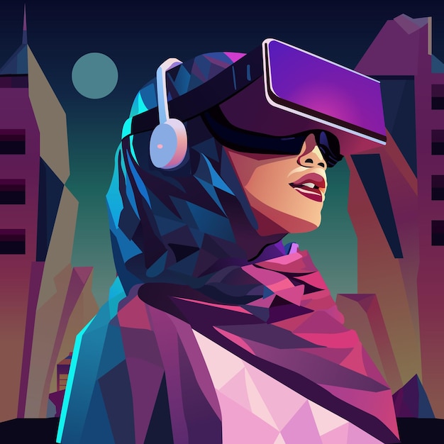 砂漠の街の背景に VR メガネを使用するアラビアの女の子