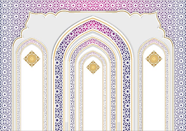 ベクトル 装飾的なイスラムのアーチとアラビア語イスラムエレガントな白と黄金の豪華なカラフルな背景