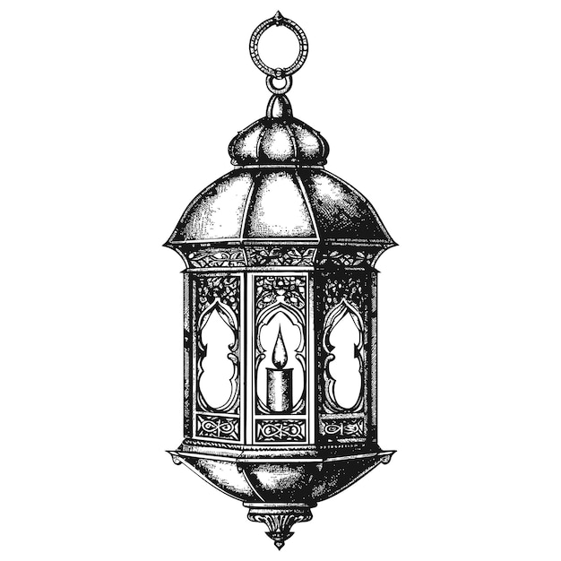 arabic lantern illustration with engraving style black color only