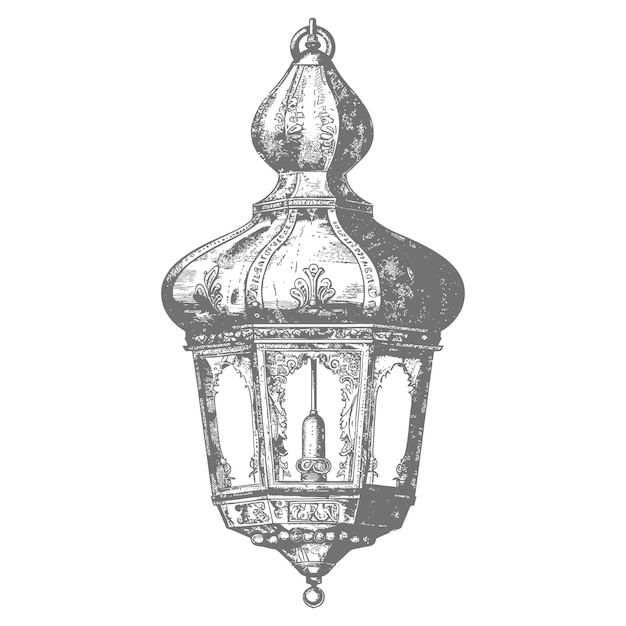 Vector arabic lantern illustration with engraving style black color only