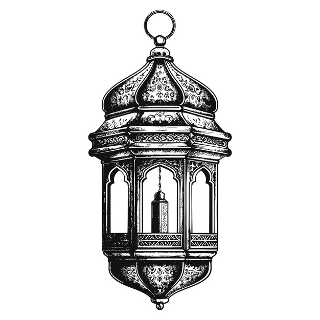 Vector arabic lantern illustration with engraving style black color only