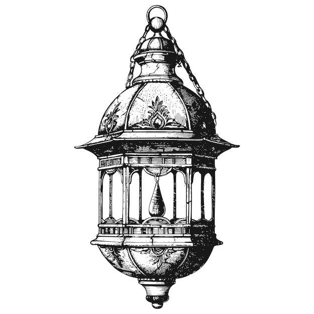 arabic lantern illustration with engraving style black color only