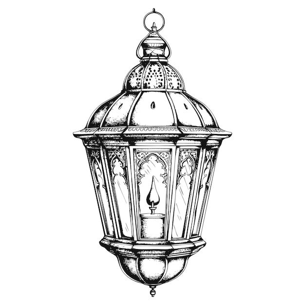 Arabic lantern illustration with engraving style black color only