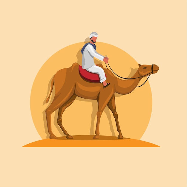 Arabic man riding camel on sand cartoon illustration