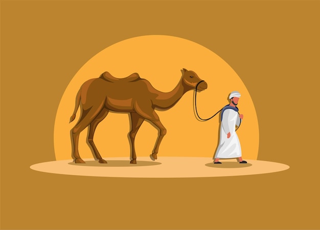 Uomo arabo che cammina con il cammello nell'illustrazione della cultura del medio oriente della sabbia del dessert
